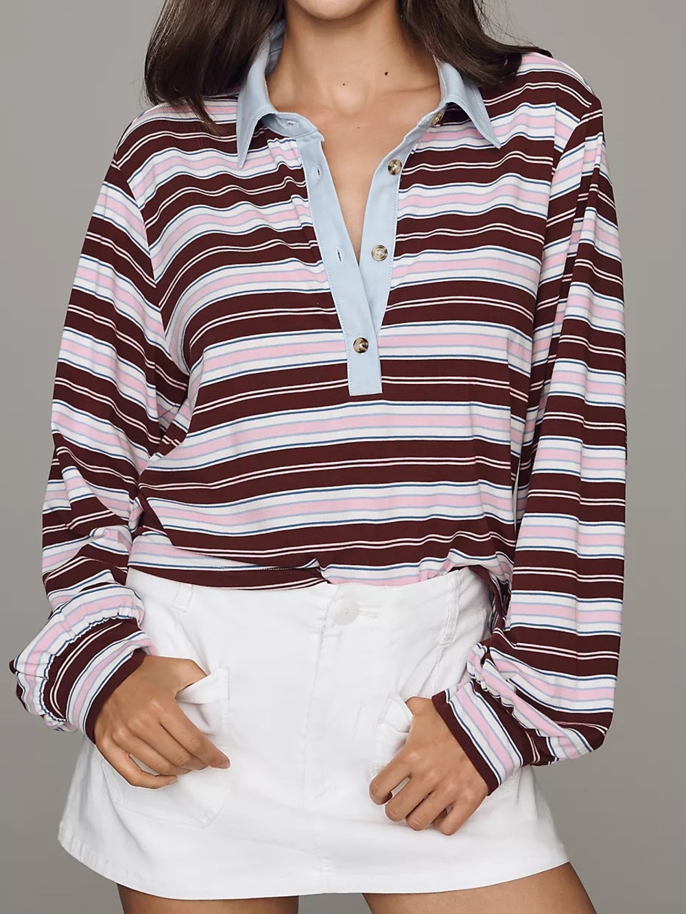 Anthropologie Maeve Long-Sleeve Polo Top, Burgundy Combo - Medium